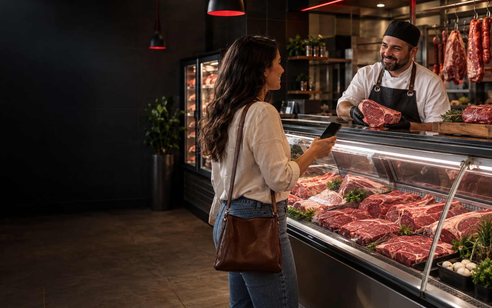 Cliente escolhendo carnes em uma casa de carnes moderna